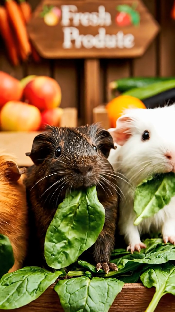 1726. Highly detailed view of 3 smooth-haired Texel guinea pigs with sable, white, and orange fur, chewing on spinach, at a roadside fruit stand with crates and signs.