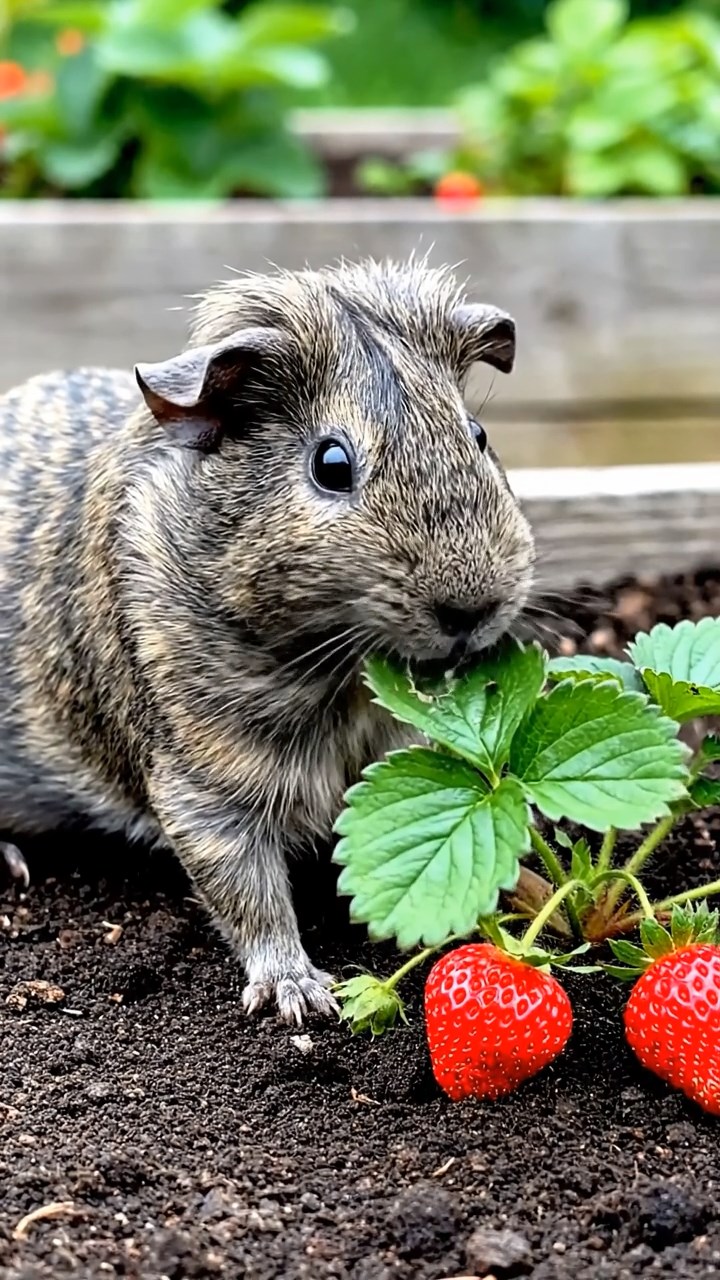 1727. Photorealistic photo of 1 smooth-haired Rex guinea pig with gray fur, munching on strawberry leaves, on a community garden plot with raised beds.
