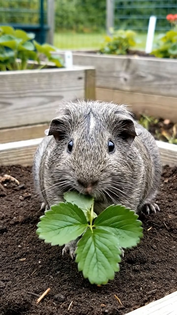 1727. Photorealistic photo of 1 smooth-haired Rex guinea pig with gray fur, munching on strawberry leaves, on a community garden plot with raised beds.