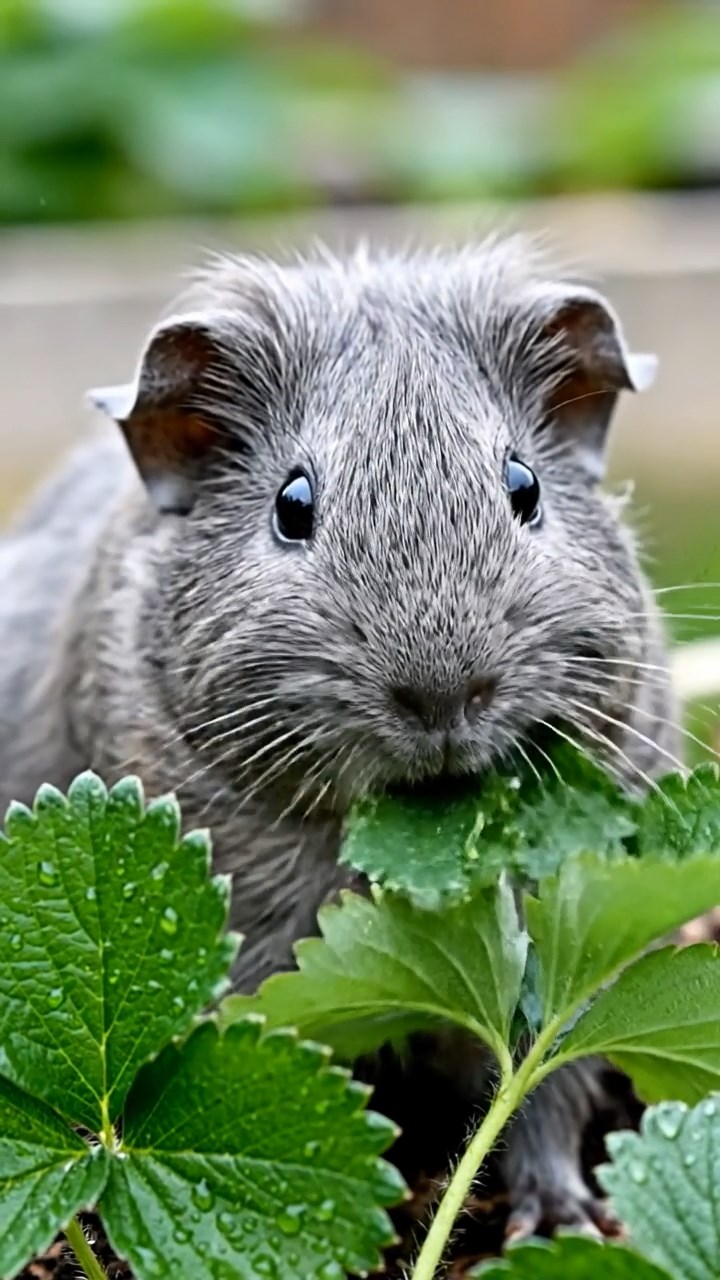 1727. Photorealistic photo of 1 smooth-haired Rex guinea pig with gray fur, munching on strawberry leaves, on a community garden plot with raised beds.