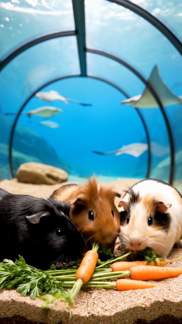 1728. Realistic depiction of 4 smooth-haired Coronet guinea pigs featuring black, brown, and cream coats, sharing carrot tops, in a curved aquarium walkway with rays gliding.