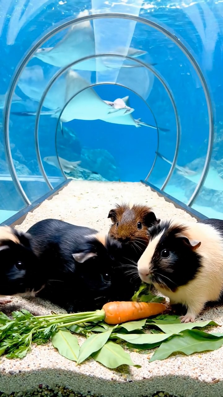 1728. Realistic depiction of 4 smooth-haired Coronet guinea pigs featuring black, brown, and cream coats, sharing carrot tops, in a curved aquarium walkway with rays gliding.