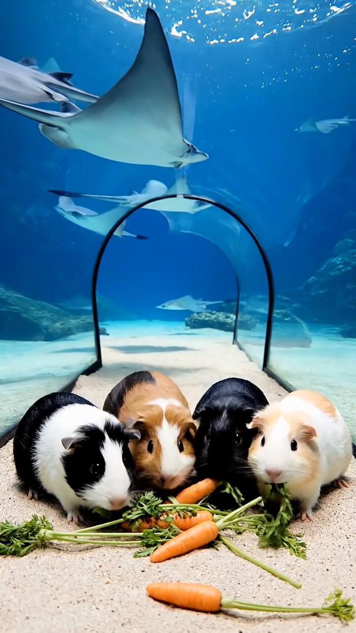 1728. Realistic depiction of 4 smooth-haired Coronet guinea pigs featuring black, brown, and cream coats, sharing carrot tops, in a curved aquarium walkway with rays gliding.