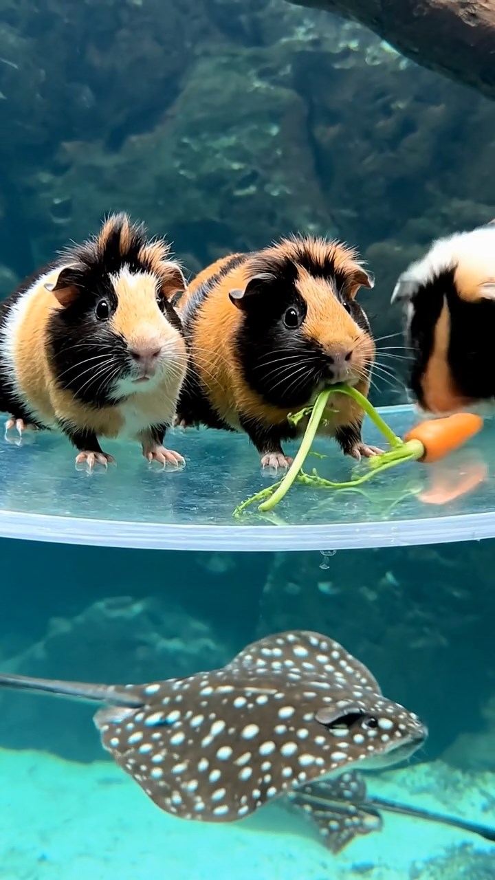 1728. Realistic depiction of 4 smooth-haired Coronet guinea pigs featuring black, brown, and cream coats, sharing carrot tops, in a curved aquarium walkway with rays gliding.