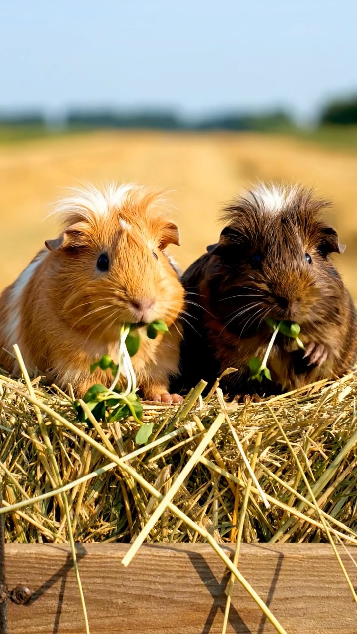 1729. Detailed image of 2 smooth-haired White Crested guinea pigs with fawn and chocolate fur, eating alfalfa sprouts, on a hay wagon in a harvested field.