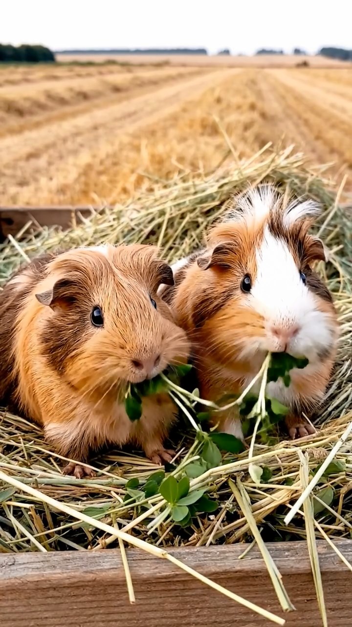1729. Detailed image of 2 smooth-haired White Crested guinea pigs with fawn and chocolate fur, eating alfalfa sprouts, on a hay wagon in a harvested field.
