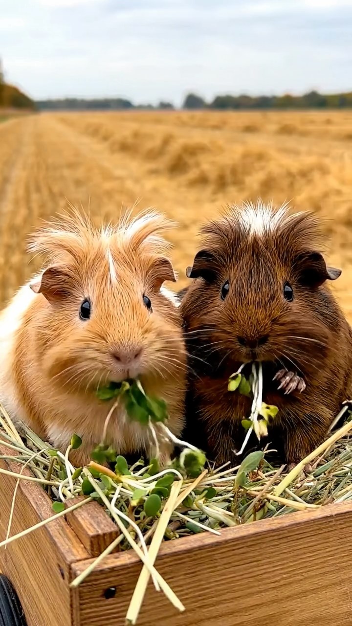 1729. Detailed image of 2 smooth-haired White Crested guinea pigs with fawn and chocolate fur, eating alfalfa sprouts, on a hay wagon in a harvested field.