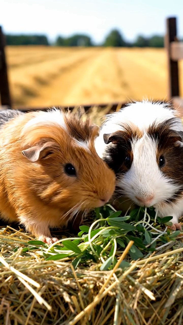 1729. Detailed image of 2 smooth-haired White Crested guinea pigs with fawn and chocolate fur, eating alfalfa sprouts, on a hay wagon in a harvested field.
