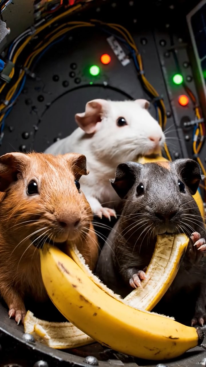 1730. Photorealistic scene of 3 smooth-haired Skinny guinea pigs in cinnamon, sable, and white colors, nibbling on banana peels, inside a satellite module with solar panels.