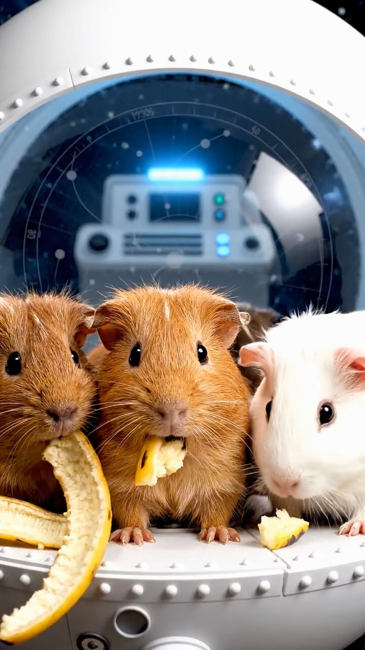 1730. Photorealistic scene of 3 smooth-haired Skinny guinea pigs in cinnamon, sable, and white colors, nibbling on banana peels, inside a satellite module with solar panels.