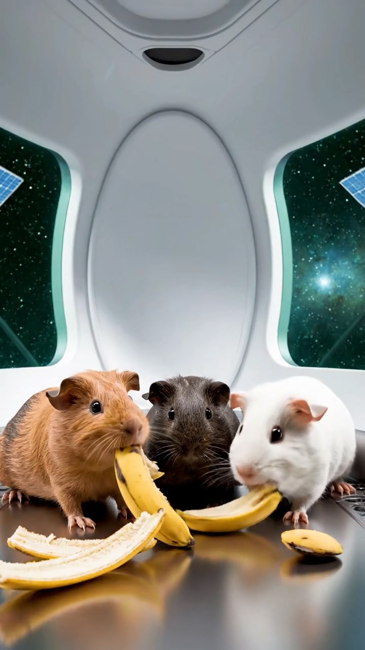 1730. Photorealistic scene of 3 smooth-haired Skinny guinea pigs in cinnamon, sable, and white colors, nibbling on banana peels, inside a satellite module with solar panels.