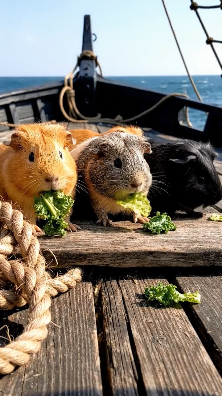 1731. Realistic photo of 5 smooth-haired American guinea pigs with orange, gray, and black fur, chewing on kale chips, on a clipper ship forecastle with ropes.