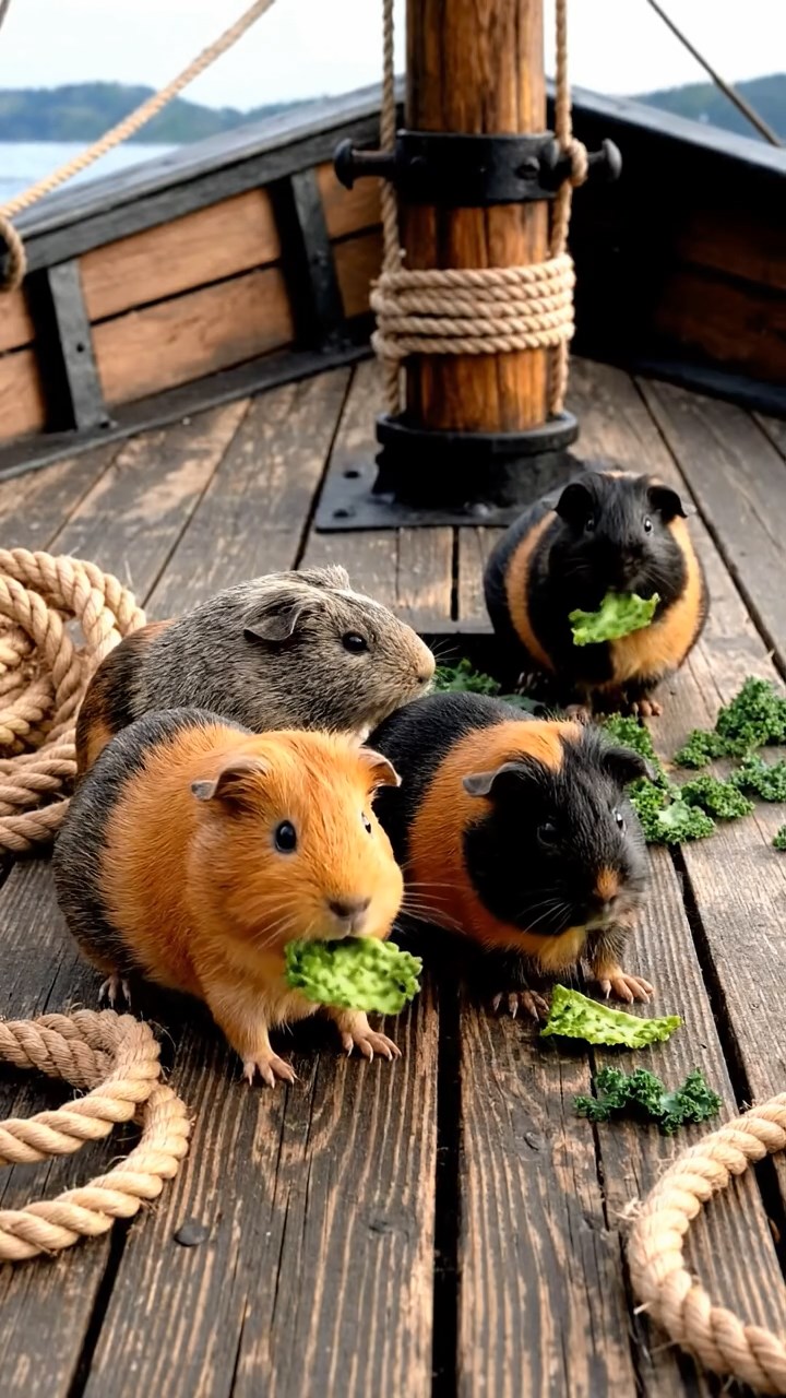 1731. Realistic photo of 5 smooth-haired American guinea pigs with orange, gray, and black fur, chewing on kale chips, on a clipper ship forecastle with ropes.