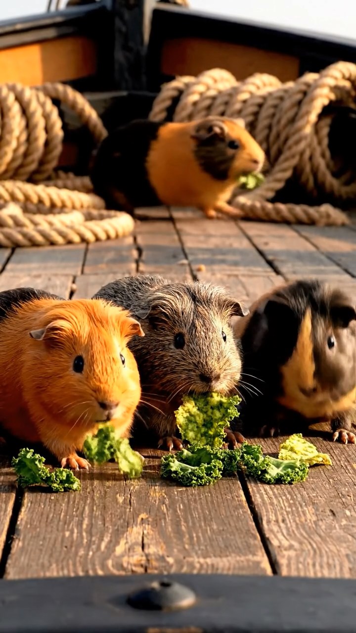 1731. Realistic photo of 5 smooth-haired American guinea pigs with orange, gray, and black fur, chewing on kale chips, on a clipper ship forecastle with ropes.