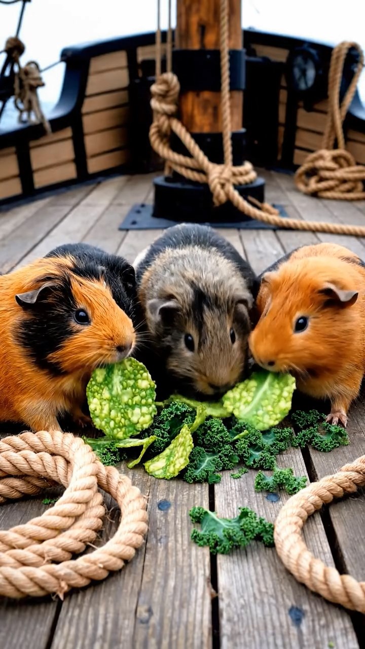 1731. Realistic photo of 5 smooth-haired American guinea pigs with orange, gray, and black fur, chewing on kale chips, on a clipper ship forecastle with ropes.