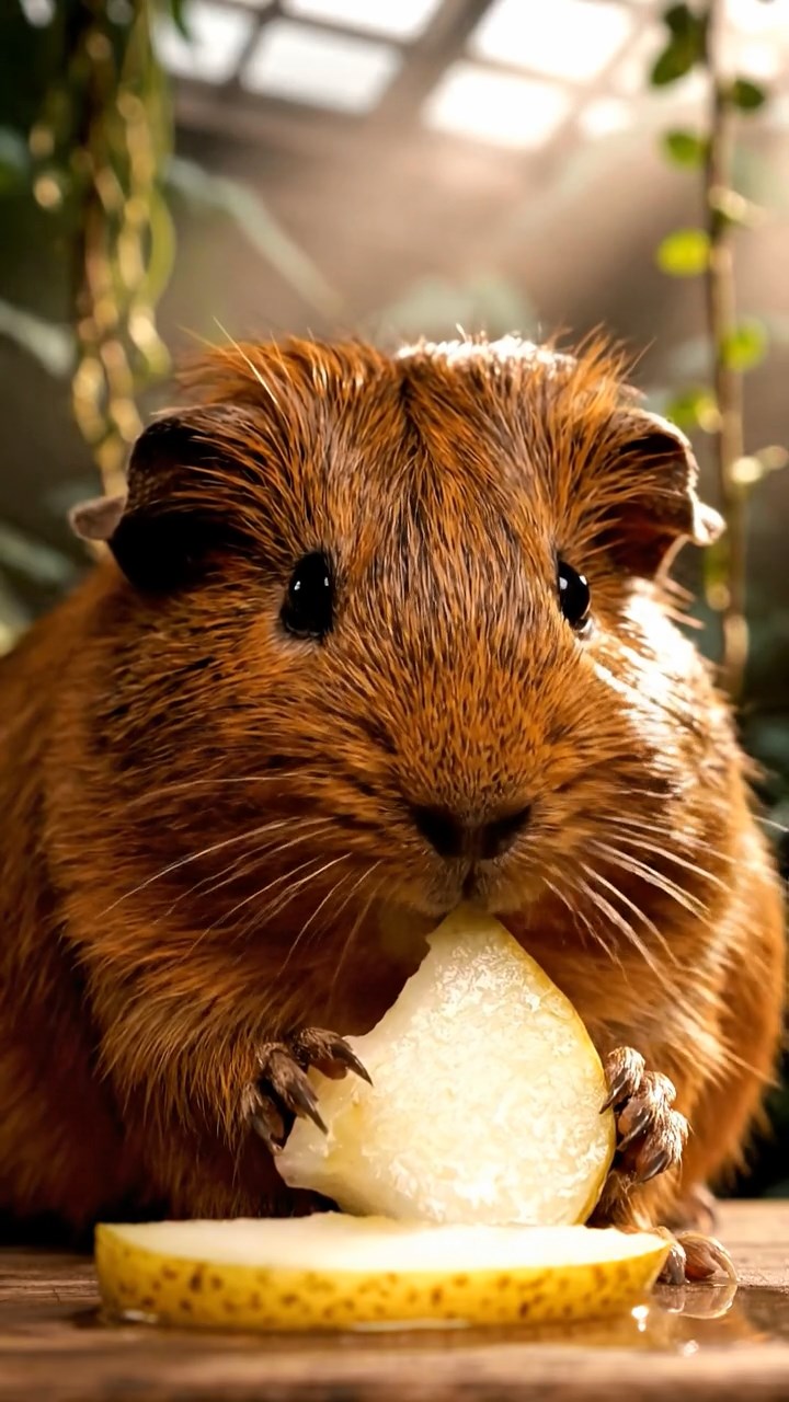 1732. Highly detailed view of 1 smooth-haired Abyssinian guinea pig with brown fur, munching on pear slices, in a foggy botanical atrium with hanging vines.