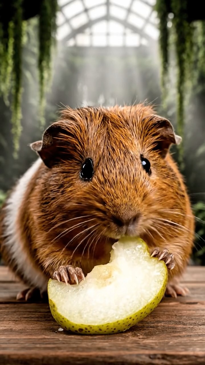 1732. Highly detailed view of 1 smooth-haired Abyssinian guinea pig with brown fur, munching on pear slices, in a foggy botanical atrium with hanging vines.
