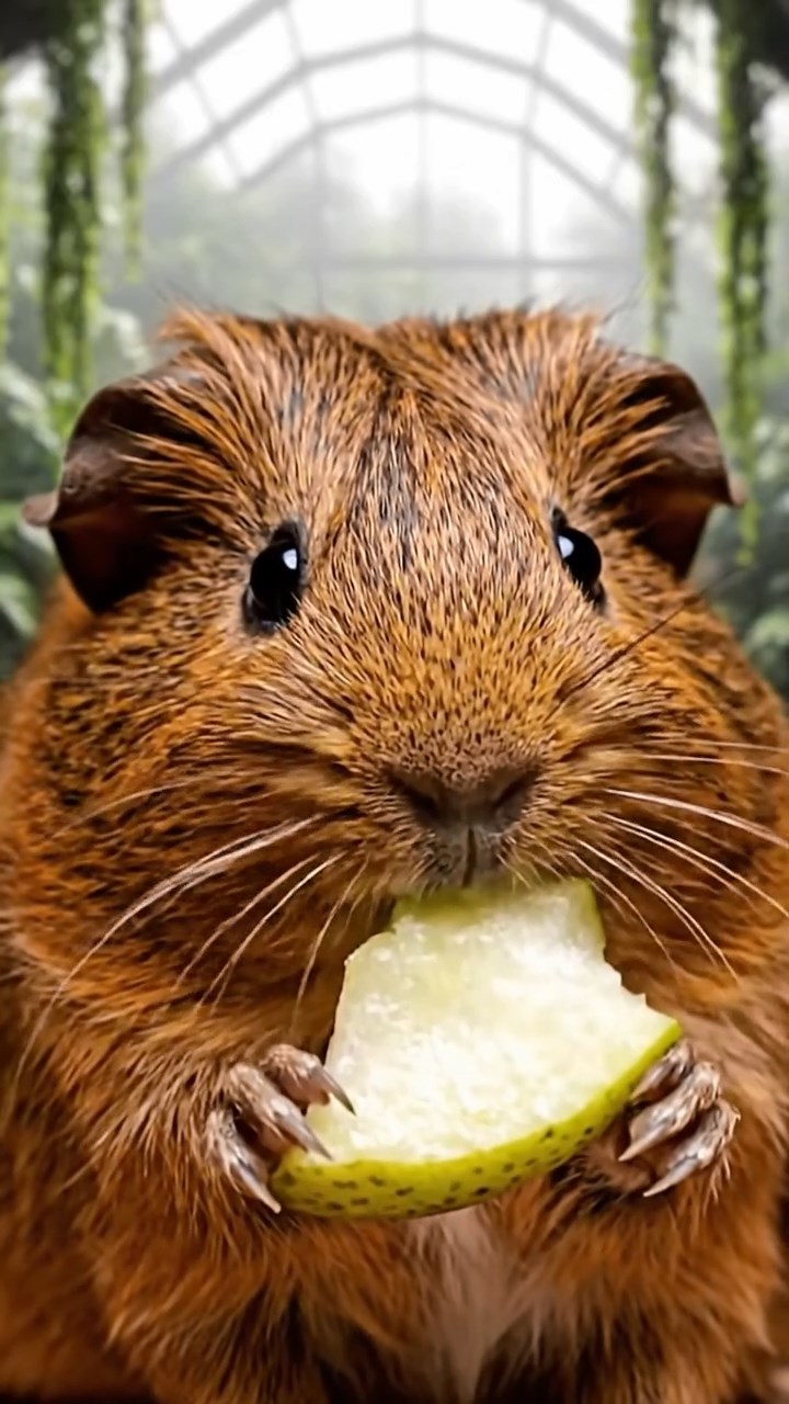 1732. Highly detailed view of 1 smooth-haired Abyssinian guinea pig with brown fur, munching on pear slices, in a foggy botanical atrium with hanging vines.