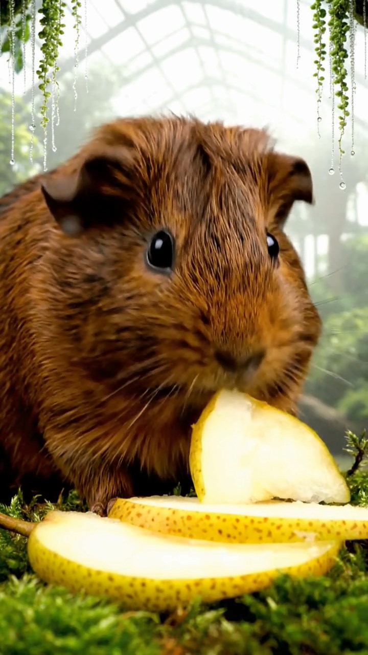 1732. Highly detailed view of 1 smooth-haired Abyssinian guinea pig with brown fur, munching on pear slices, in a foggy botanical atrium with hanging vines.