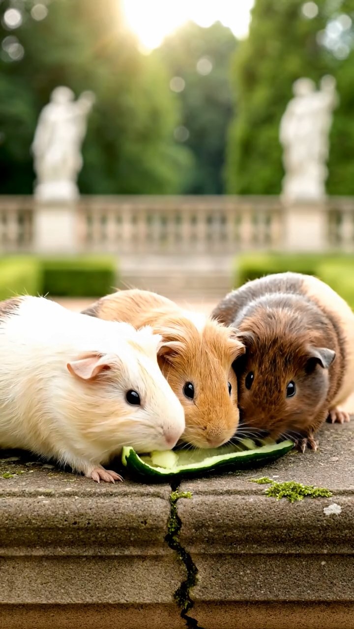 1733. Photorealistic image of 4 smooth-haired Peruvian guinea pigs featuring cream, fawn, and chocolate coats, sharing cucumber peels, atop a Renaissance parapet with views.