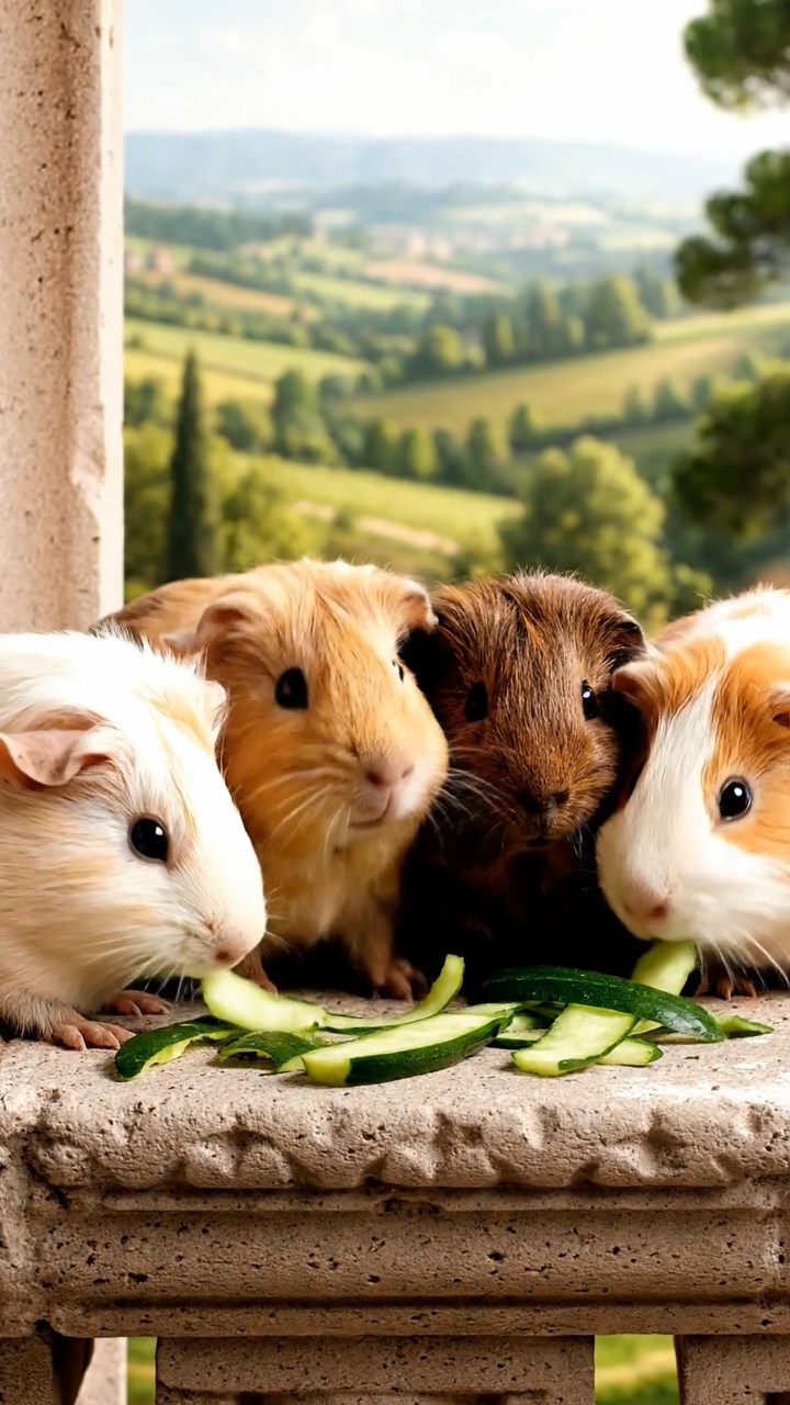 1733. Photorealistic image of 4 smooth-haired Peruvian guinea pigs featuring cream, fawn, and chocolate coats, sharing cucumber peels, atop a Renaissance parapet with views.