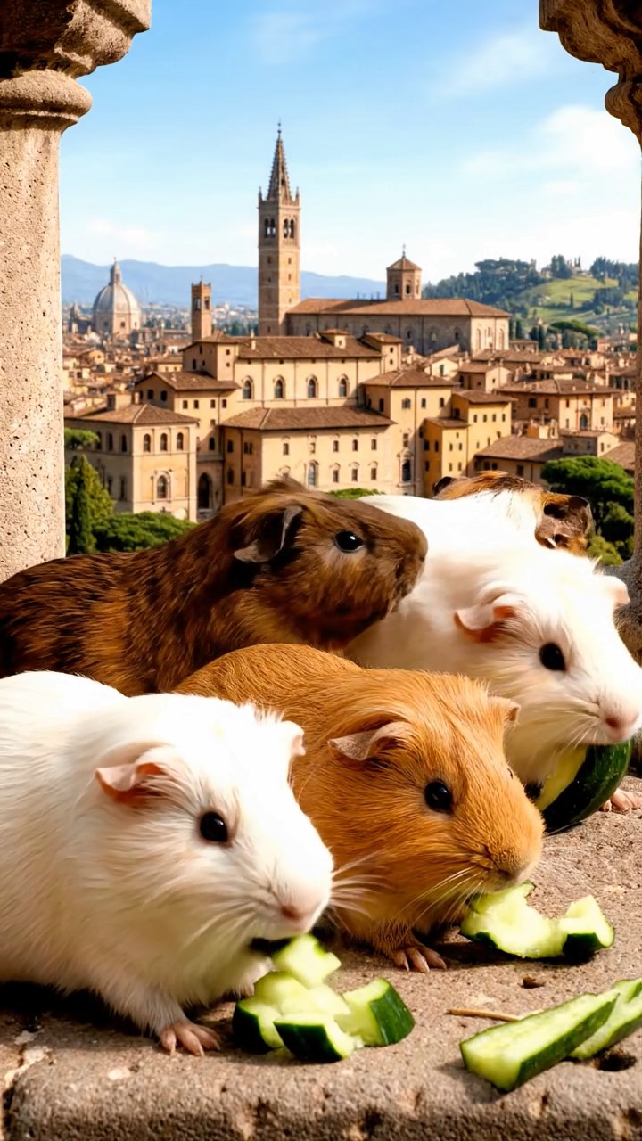 1733. Photorealistic image of 4 smooth-haired Peruvian guinea pigs featuring cream, fawn, and chocolate coats, sharing cucumber peels, atop a Renaissance parapet with views.