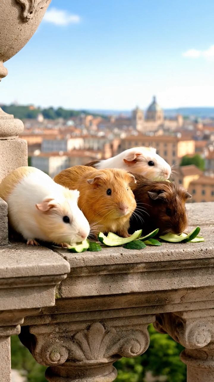 1733. Photorealistic image of 4 smooth-haired Peruvian guinea pigs featuring cream, fawn, and chocolate coats, sharing cucumber peels, atop a Renaissance parapet with views.