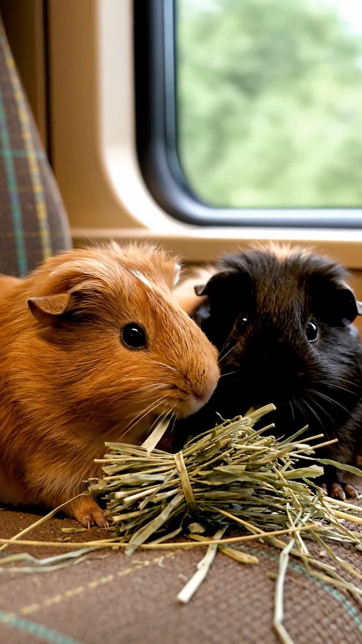 1734. Realistic depiction of 2 smooth-haired Silkie guinea pigs with cinnamon and sable fur, eating timothy hay bundles, inside a commuter train seat with windows.