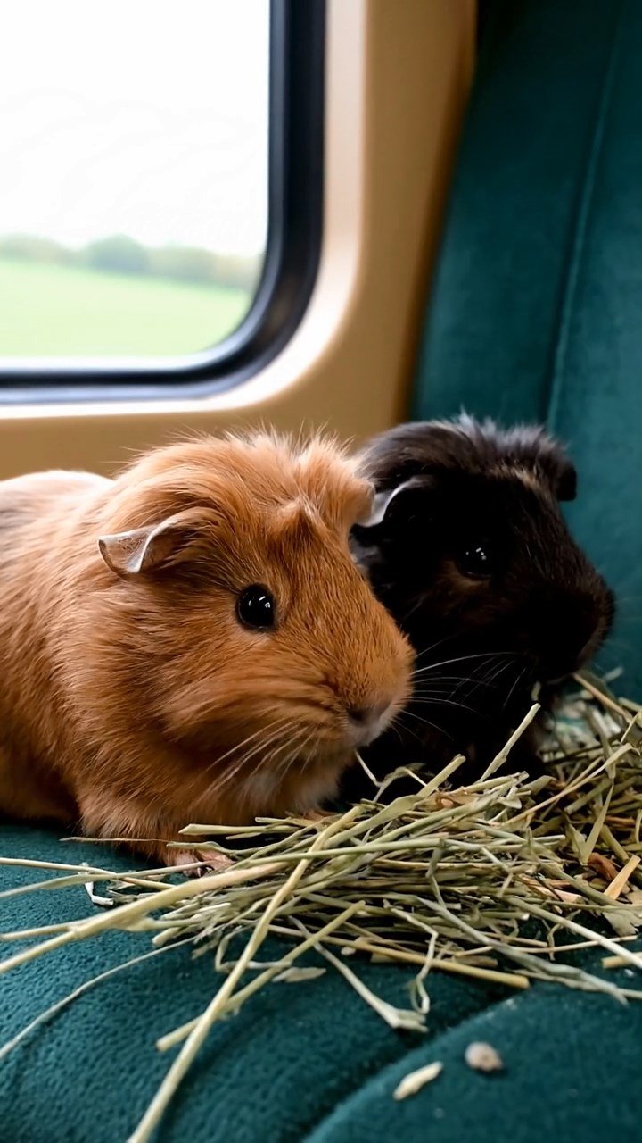 1734. Realistic depiction of 2 smooth-haired Silkie guinea pigs with cinnamon and sable fur, eating timothy hay bundles, inside a commuter train seat with windows.