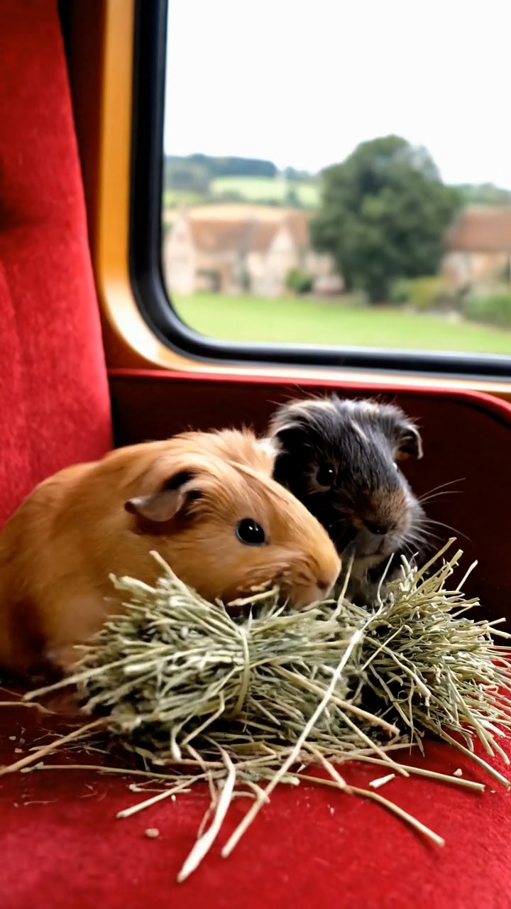 1734. Realistic depiction of 2 smooth-haired Silkie guinea pigs with cinnamon and sable fur, eating timothy hay bundles, inside a commuter train seat with windows.