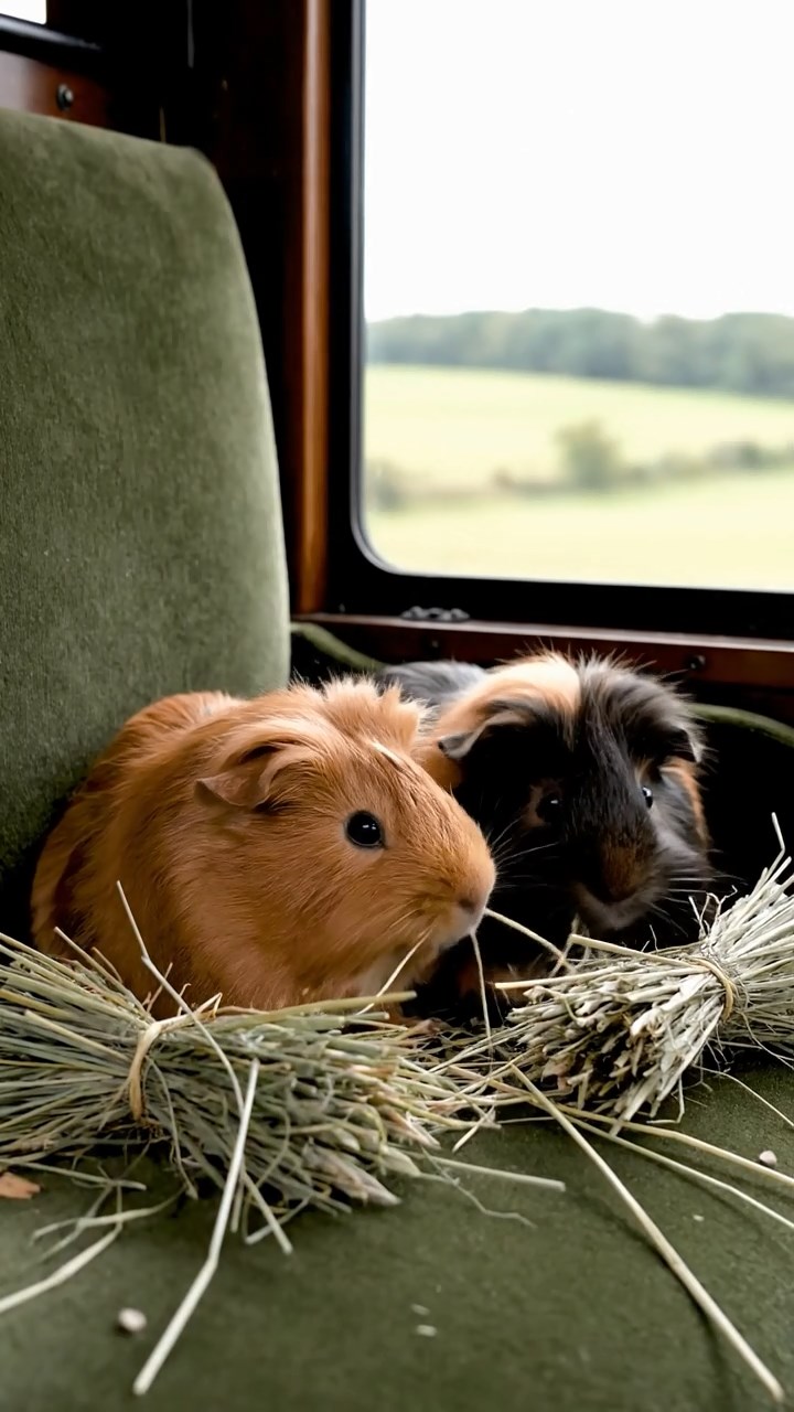 1734. Realistic depiction of 2 smooth-haired Silkie guinea pigs with cinnamon and sable fur, eating timothy hay bundles, inside a commuter train seat with windows.