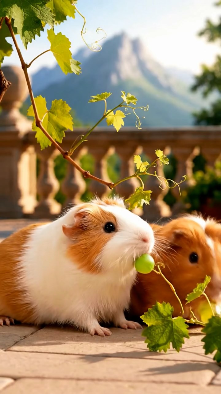 1735. Detailed scene of 3 smooth-haired Teddy guinea pigs with white, orange, and gray fur, nibbling on grape vines, on a resort veranda with mountain vistas.