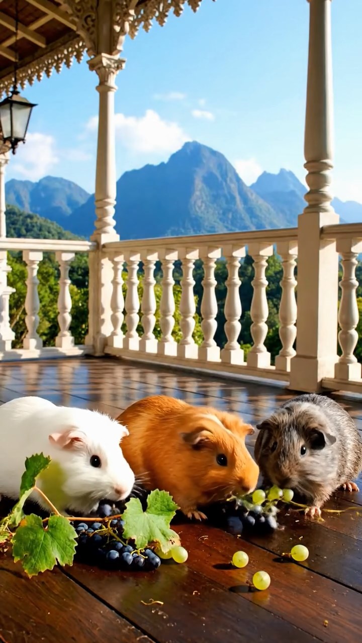 1735. Detailed scene of 3 smooth-haired Teddy guinea pigs with white, orange, and gray fur, nibbling on grape vines, on a resort veranda with mountain vistas.