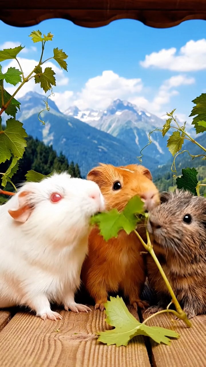 1735. Detailed scene of 3 smooth-haired Teddy guinea pigs with white, orange, and gray fur, nibbling on grape vines, on a resort veranda with mountain vistas.