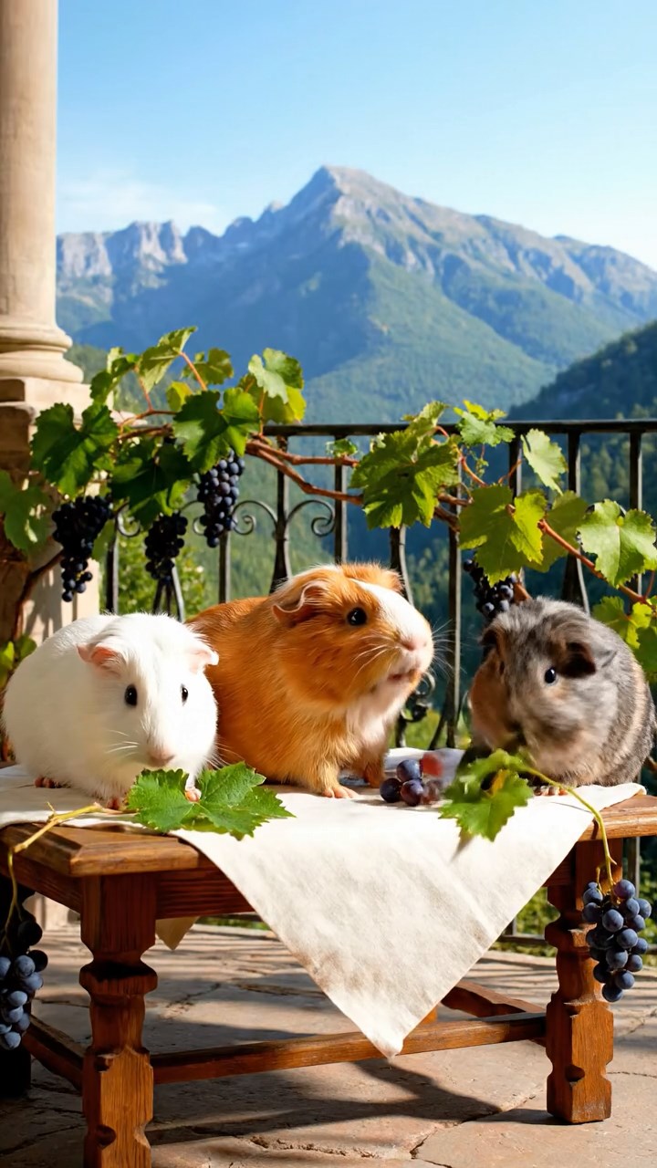 1735. Detailed scene of 3 smooth-haired Teddy guinea pigs with white, orange, and gray fur, nibbling on grape vines, on a resort veranda with mountain vistas.