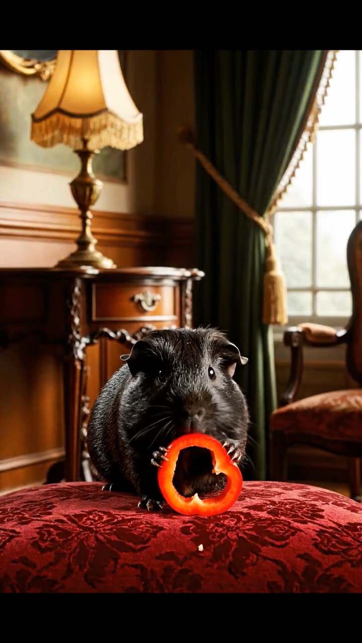 1736. Photorealistic photo of 1 smooth-haired Texel guinea pig with black fur, chewing on bell pepper rings, in a Victorian parlor with antique furniture.