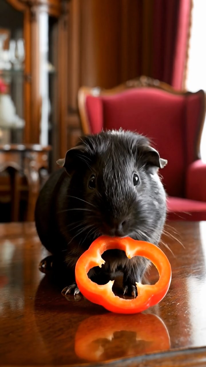 1736. Photorealistic photo of 1 smooth-haired Texel guinea pig with black fur, chewing on bell pepper rings, in a Victorian parlor with antique furniture.