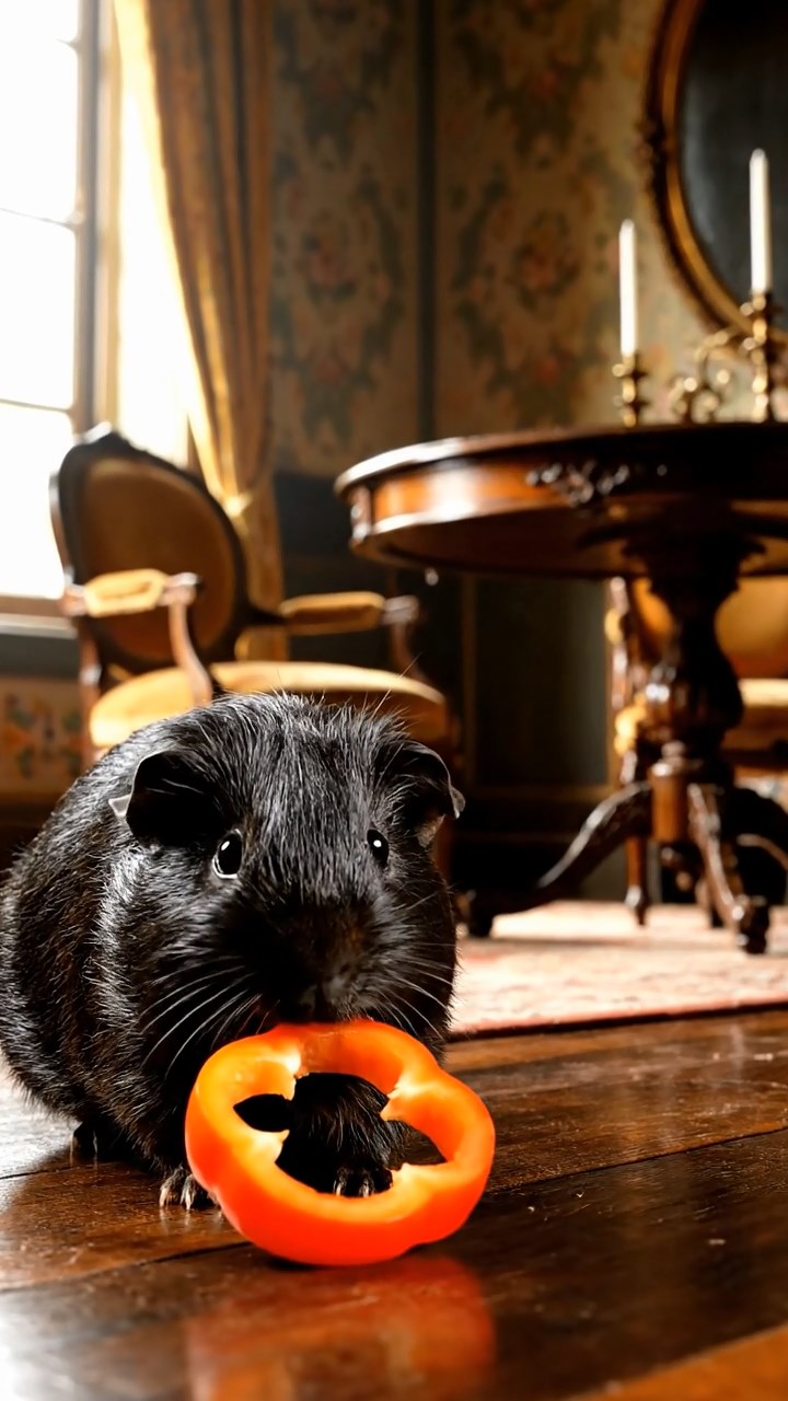 1736. Photorealistic photo of 1 smooth-haired Texel guinea pig with black fur, chewing on bell pepper rings, in a Victorian parlor with antique furniture.