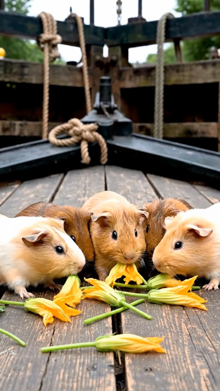 1737. Realistic image of 5 smooth-haired Rex guinea pigs in brown, cream, and fawn colors, munching on zucchini flowers, on a canal barge deck with locks.