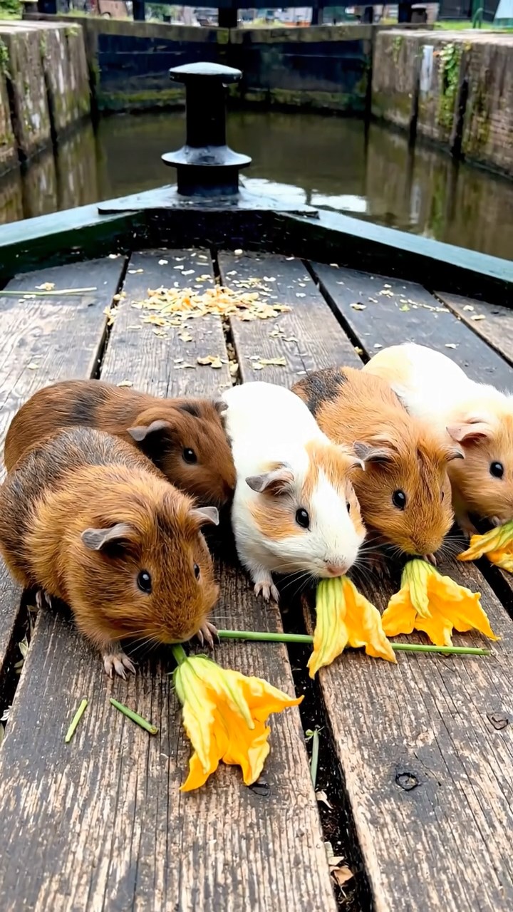 1737. Realistic image of 5 smooth-haired Rex guinea pigs in brown, cream, and fawn colors, munching on zucchini flowers, on a canal barge deck with locks.