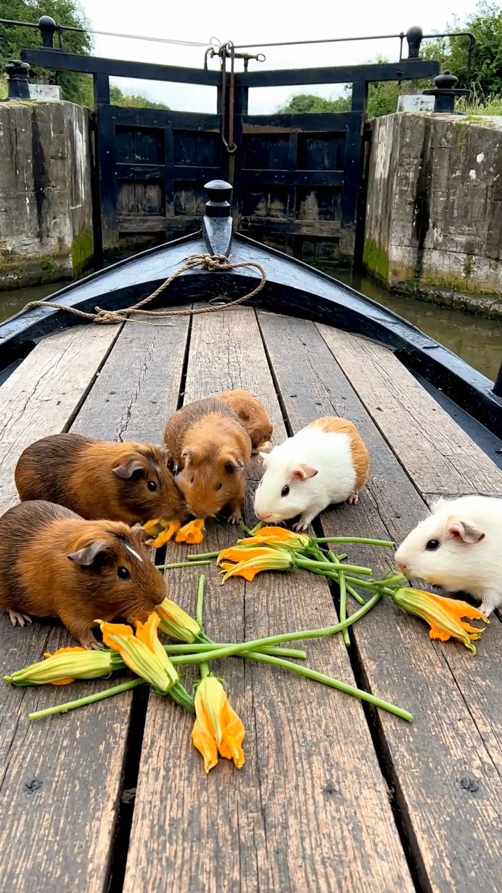 1737. Realistic image of 5 smooth-haired Rex guinea pigs in brown, cream, and fawn colors, munching on zucchini flowers, on a canal barge deck with locks.