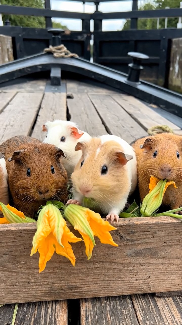 1737. Realistic image of 5 smooth-haired Rex guinea pigs in brown, cream, and fawn colors, munching on zucchini flowers, on a canal barge deck with locks.
