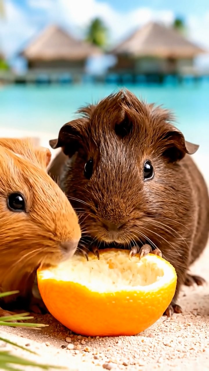 1738. Highly detailed view of 4 smooth-haired Coronet guinea pigs with chocolate, cinnamon, and sable fur, sharing orange peels, in a remote island lagoon with huts.