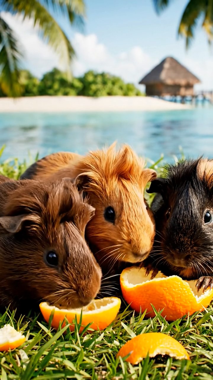 1738. Highly detailed view of 4 smooth-haired Coronet guinea pigs with chocolate, cinnamon, and sable fur, sharing orange peels, in a remote island lagoon with huts.