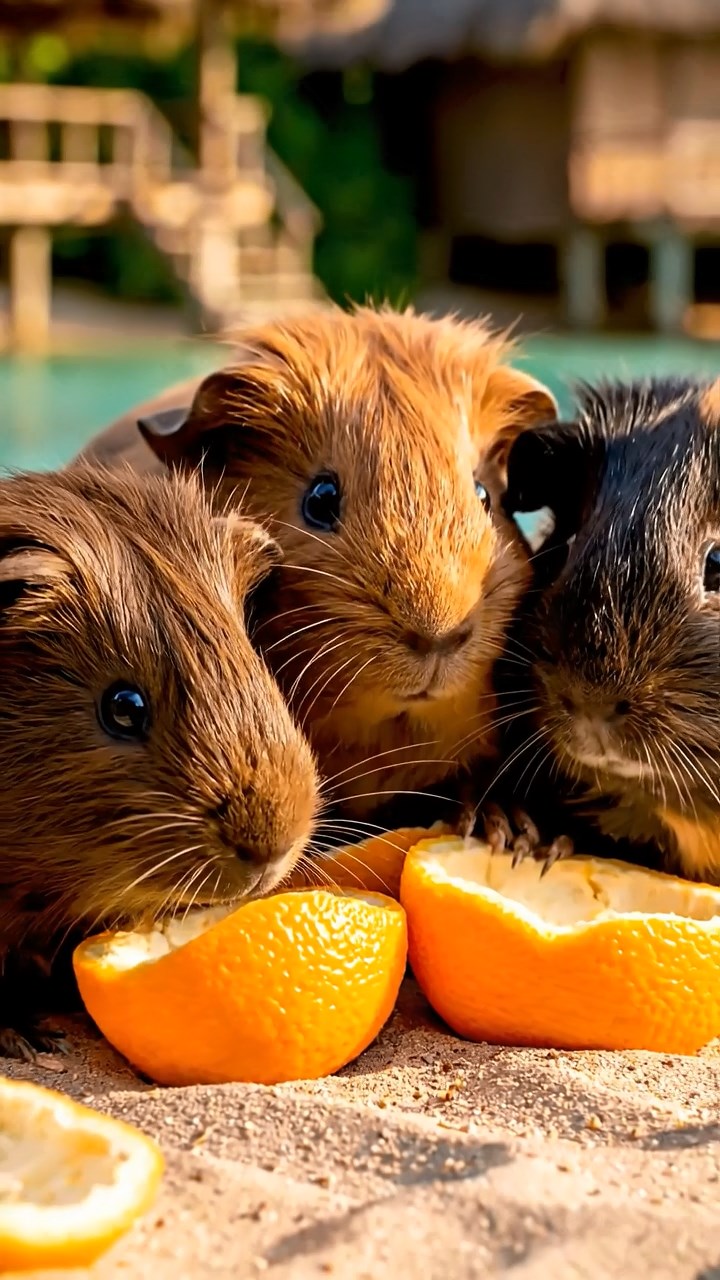 1738. Highly detailed view of 4 smooth-haired Coronet guinea pigs with chocolate, cinnamon, and sable fur, sharing orange peels, in a remote island lagoon with huts.