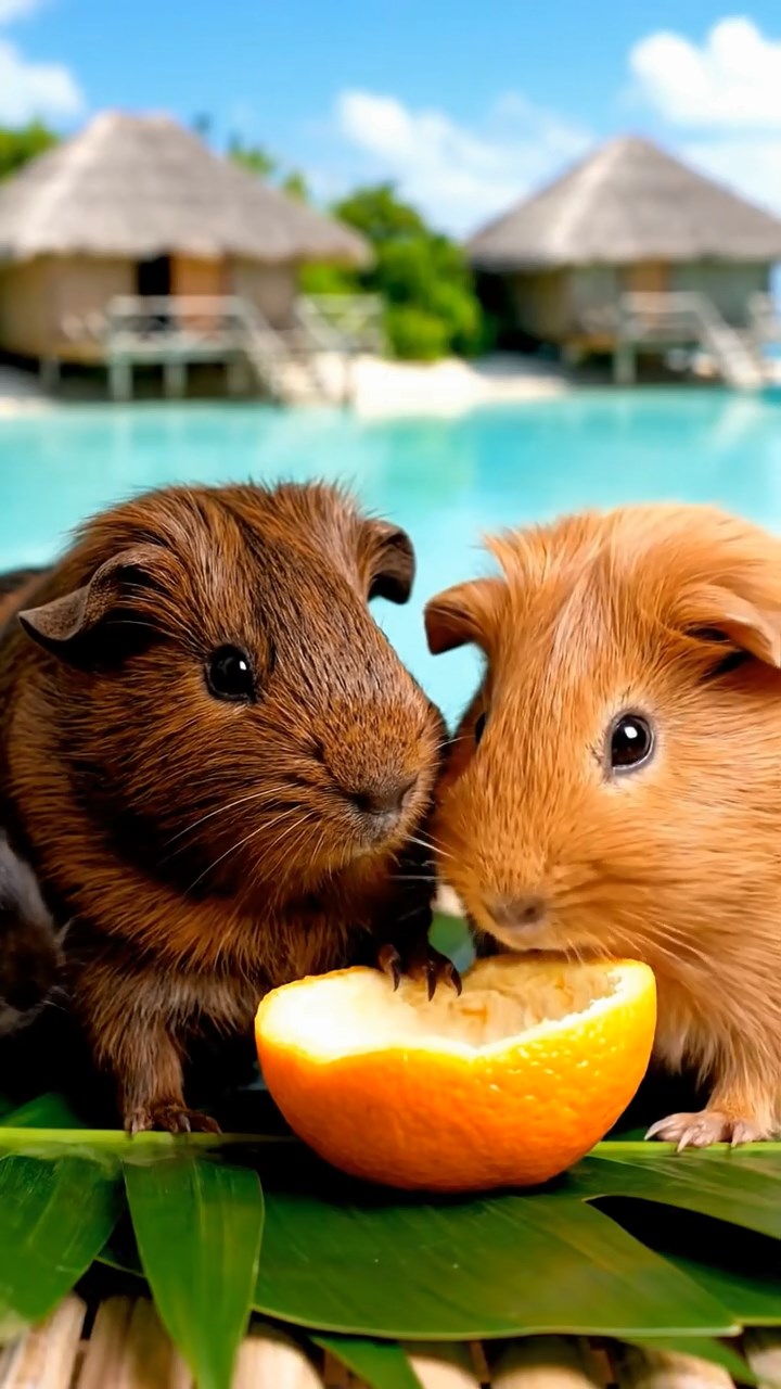 1738. Highly detailed view of 4 smooth-haired Coronet guinea pigs with chocolate, cinnamon, and sable fur, sharing orange peels, in a remote island lagoon with huts.