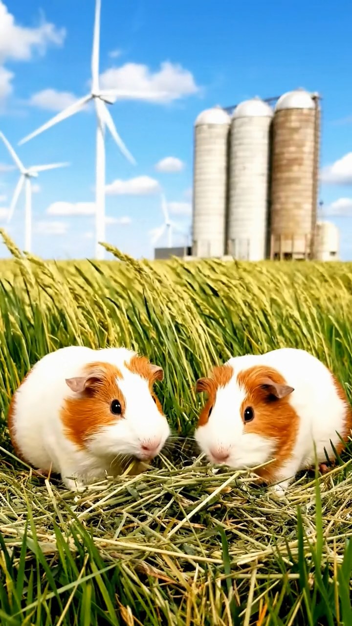 1739. Photorealistic scene of 2 smooth-haired White Crested guinea pigs featuring white and orange coats, eating alfalfa hay, in a prairie wind farm with silos.