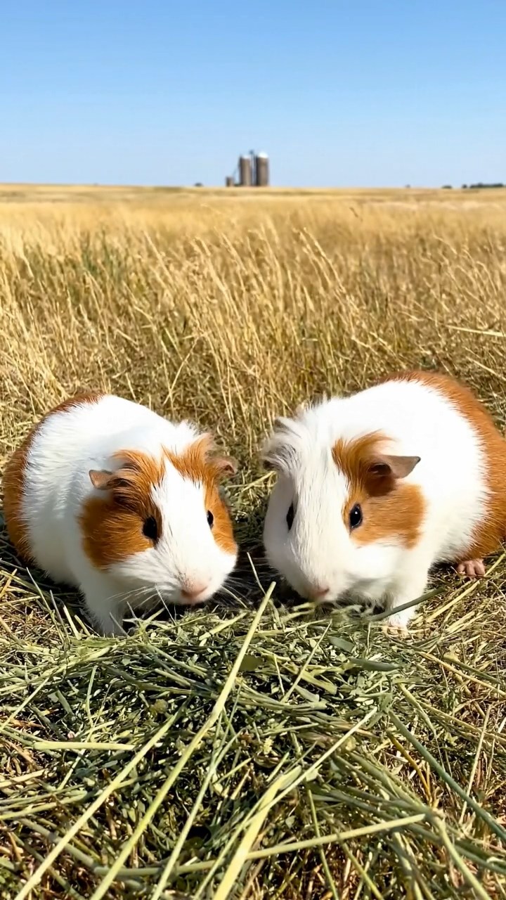1739. Photorealistic scene of 2 smooth-haired White Crested guinea pigs featuring white and orange coats, eating alfalfa hay, in a prairie wind farm with silos.