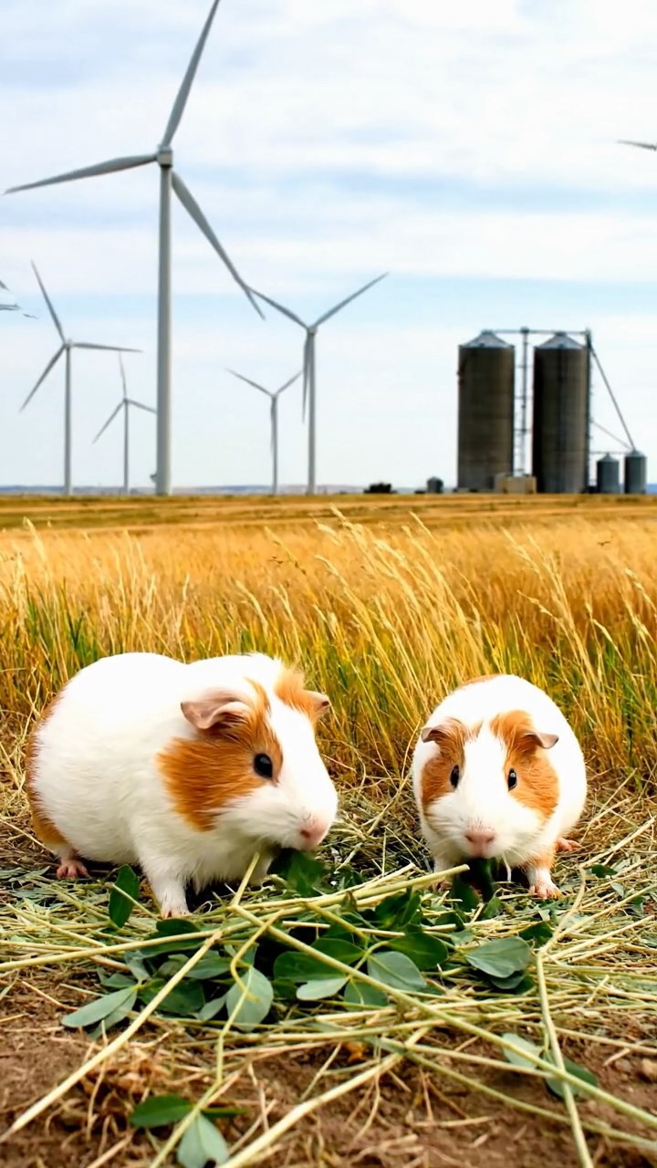 1739. Photorealistic scene of 2 smooth-haired White Crested guinea pigs featuring white and orange coats, eating alfalfa hay, in a prairie wind farm with silos.