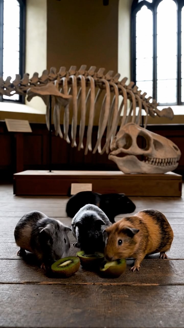 1740. Realistic depiction of 3 smooth-haired Skinny guinea pigs with gray, black, and brown fur, nibbling on kiwi skins, inside a paleontology museum with casts.